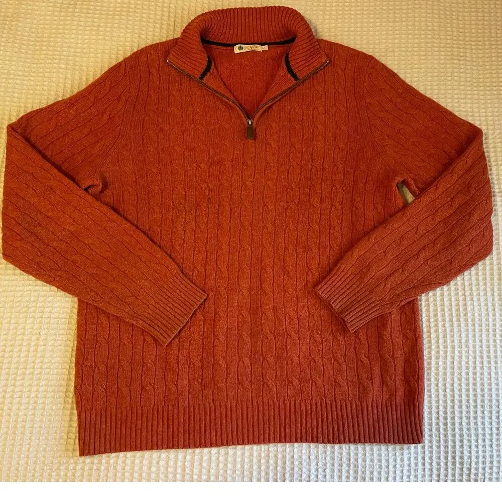 J. Crew Men's Lambs Wool Cable Knit Zip Up Pull On Henley Sweater Large Orange